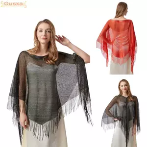Áo Poncho dệt kim OUSXA, Khăn choàng móc bất đối xứng bằng tua rua, có tua rua Một vai đi biển thông thường che đậy mùa xuân hè