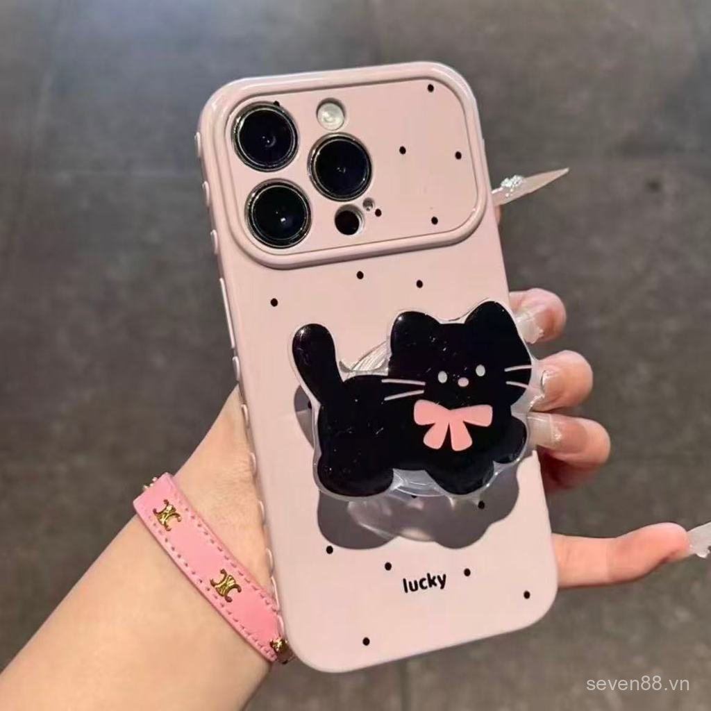 Ốp Điện Thoại Thích Hợp Cho iPhone 11 12 13 14 15 16 17 Pro max Plus Chấm Bi Mèo Đen + Giá Đỡ Chống Sốc Vỏ Bảo Vệ Chống Sốc Bao Gồm Tất Cả DOKM