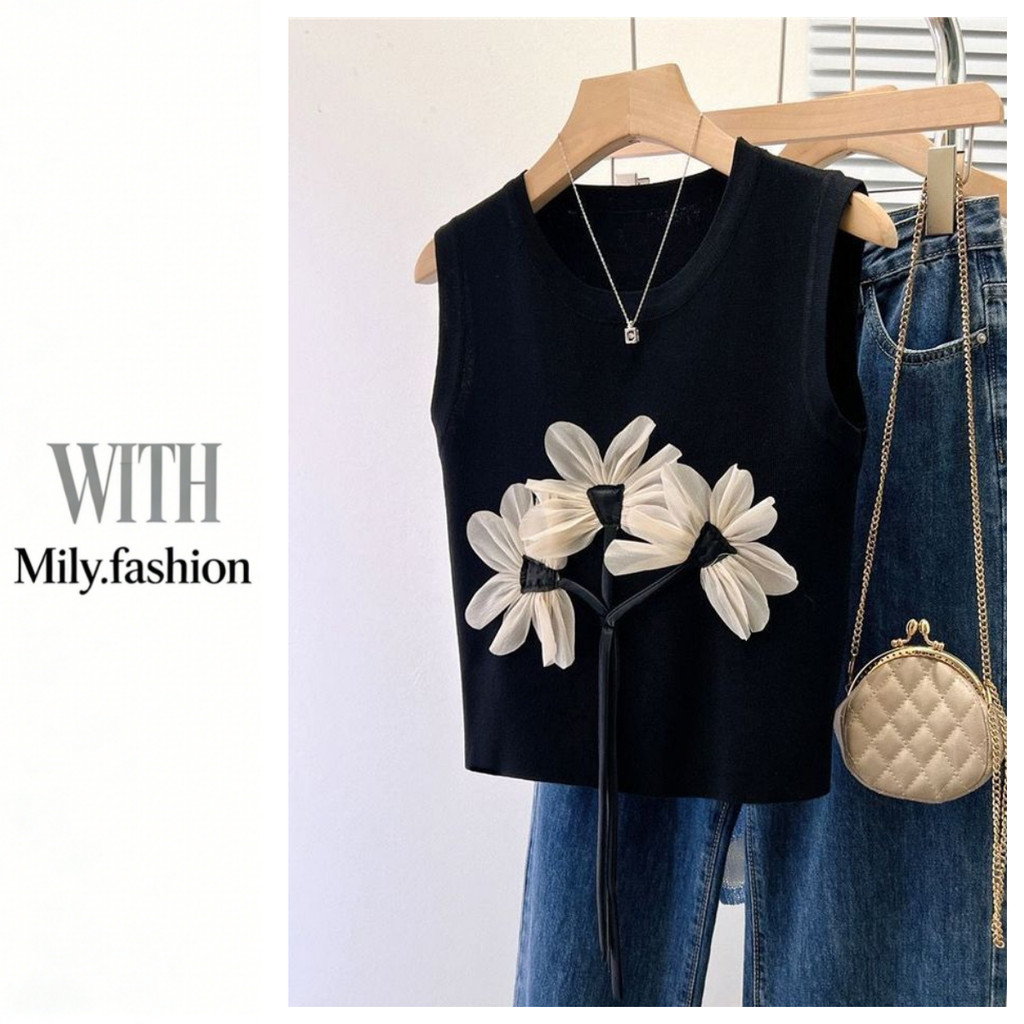 Milyfashion Rời Kích Thước Lớn Lười Ba Chiều Hoa Không Tay Sling Mùa Hè Phong Cách Mới Ngắn Mỏng Hơn Nhìn Top