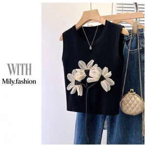 Milyfashion Rời Kích Thước Lớn Lười Ba Chiều Hoa Không Tay Sling Mùa Hè Phong Cách Mới Ngắn Mỏng Hơn Nhìn Top