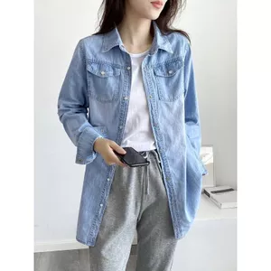 Áo sơ mi Denim dài vừa phải mùa xuân thu phiên bản Hàn Quốc Thiết kế dáng rộng Niche Áo sơ mi dài tay