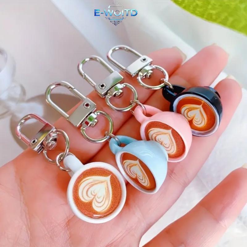 E-WOITD Cà Phê Móc Khóa Bộ 4 Trái Tim Dễ Thương Latte Cup Túi Charm Thời Trang Mặt Dây Chuyền Quà Tặng Cho Nữ Bạn Bè E-WOITD