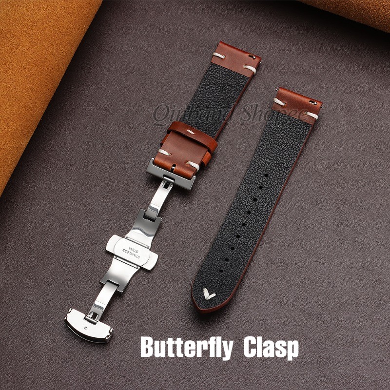 Bướm Khóa - Vintage Sáp Dầu Da Thật Dây Đeo Đồng Hồ 18mm 20mm 22mm Phát Hành Nhanh Dây Đồng Hồ Thay Đổi Màu Sắc Kinh Doanh Vòng Tay Da Bò Cho Nam Nữ