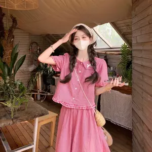 Bộ đồ thời trang kẻ sọc dành cho nữ Mùa hè Phong cách mới Áo sơ mi cổ búp bê phù hợp với áo sơ mi cạp cao Bộ đồ hai mảnh