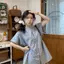 Quần áo nữ cỡ lớn béo mm Nhật Bản cổ điển nữ kẻ sọc xanh cổ đứng Áo sơ mi ngắn tay mùa hè Top 2