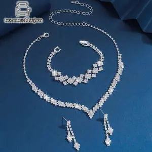 Nhíp 1 Bộ Hình Học Kim Cương Giả Nelace Bông Tai Bộ Vòng Tay Cưới Cô Dâu Bộ Trang Sức Đơn Giản sel Lấp Lánh Bộ Trang Sức Quà Tặng VN