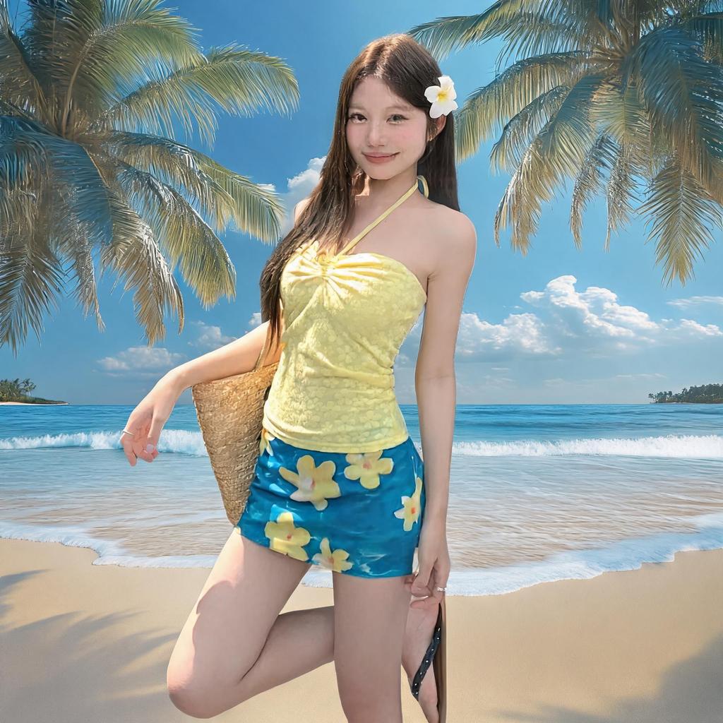 2026 Phong Cách Mới Hot Girl Gợi Cảm Ren-Up Ống Top Mùa Hè Váy Hoa Hông Váy Ba Mảnh Đồ Bơi Nữ