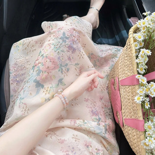Váy dài thêu hoa phong cách Pháp mùa hè dành cho nữ, tay phồng, ôm dáng, thanh lịch