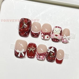 10 Chiếc Móng Tay Nhân Tạo Gấu Anh Đào Vẽ Tay Màu Đỏ Giả Móng Tay Acrylic Thoải Mái Nhẹ