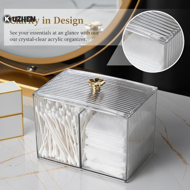 Giá đỡ miếng đệm bông nhiều ngăn trong suốt KUZHEN có nắp, tiện lợi để đựng khăn bông và trang điểm HOT
