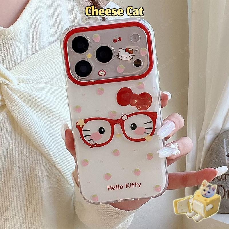 Ốp Lưng Điện Thoại Khung Kính Màu Đỏ Dâu Kitty Nhút Nhát Cho iPhone 17 Pro Max 13 12 11 15 16 Plus Xs Max XR