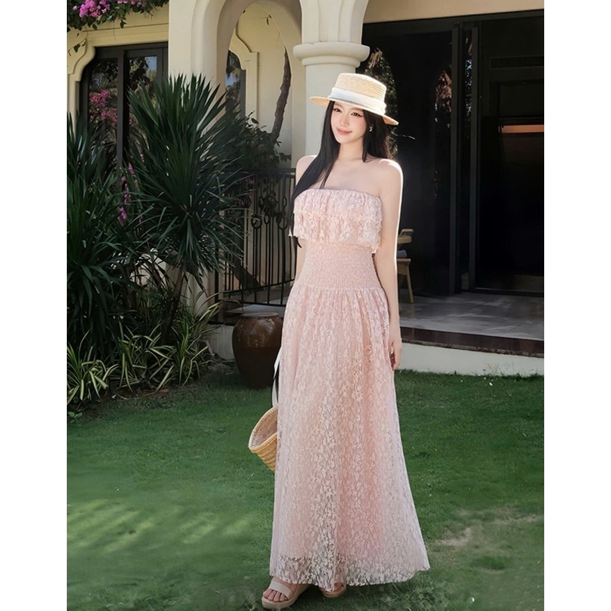 Váy Ren Cúp Ngực Alice Sang Trọng, Đầm Dài Maxi Chun Eo Dáng Xòe Tiểu Thư, Ngực Phối Bèo T507