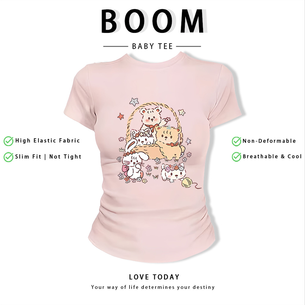 BOOM Áo Baby Tee Nữ Cotton Ôm Body-Áo Thun Ngắn Tay Y2K In Hình PhongCách Mùa Hè, Cổ Tròn Hàng Đầucách hàn quốc phong079