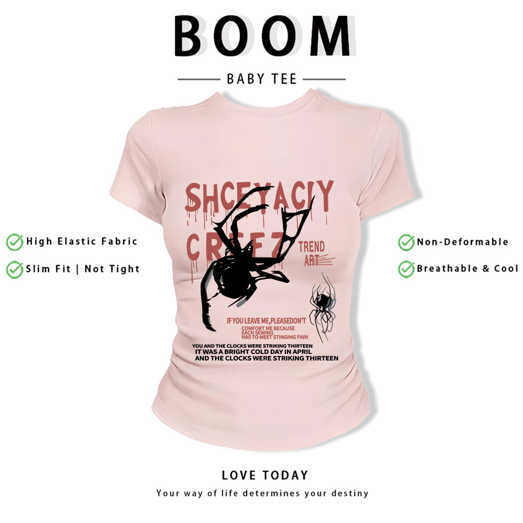 BOOM Áo Baby Tee Nữ Cotton Ôm Body-Áo Thun Ngắn Tay Y2K In Hình PhongCách Mùa Hè, Cổ Tròn Hàng Đầucách hàn quốc phong112