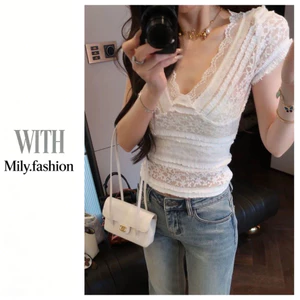 Milyfashion Pure Desire Slim-fit Slimmer Look Ren Ren Vai Trước Áo Thun Tay Ngắn Mùa Hè Cổ Chữ V Ngắn Top Bé tee