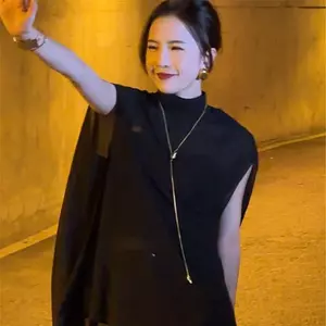 Áo thun nửa cổ cao không tay dài phiên bản rộng rãi Thời trang mùa hè Áo phù hợp