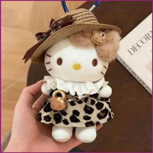 YT4 Sanrio Hello Kitty Plushie Mũ Rơm Da Báo In Sang Trọng Búp Bê Móc Khóa Túi Quyến Rũ
