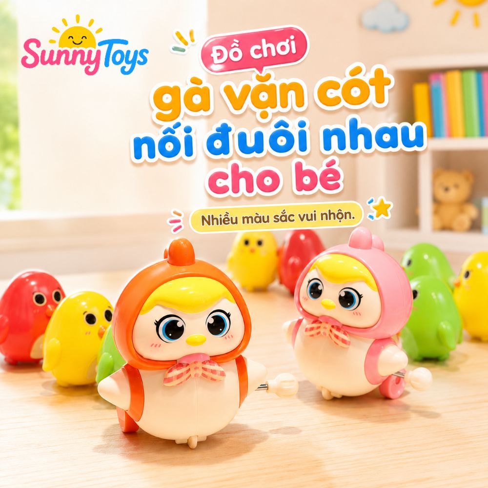 Bộ 4 Gà Con Vặn Cót SunnyToys - Đồ Chơi Nam Châm Nối Đuôi Xoay 360 Độ Cho Bé
