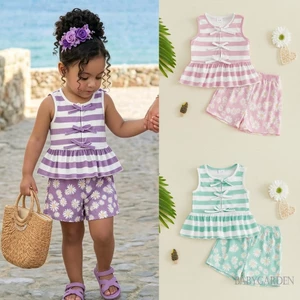 6M-4T Bé Gái Sọc Không Tay Peplum Top & Quần Short In Hình Hoa Cúc Bộ Mùa Hè
