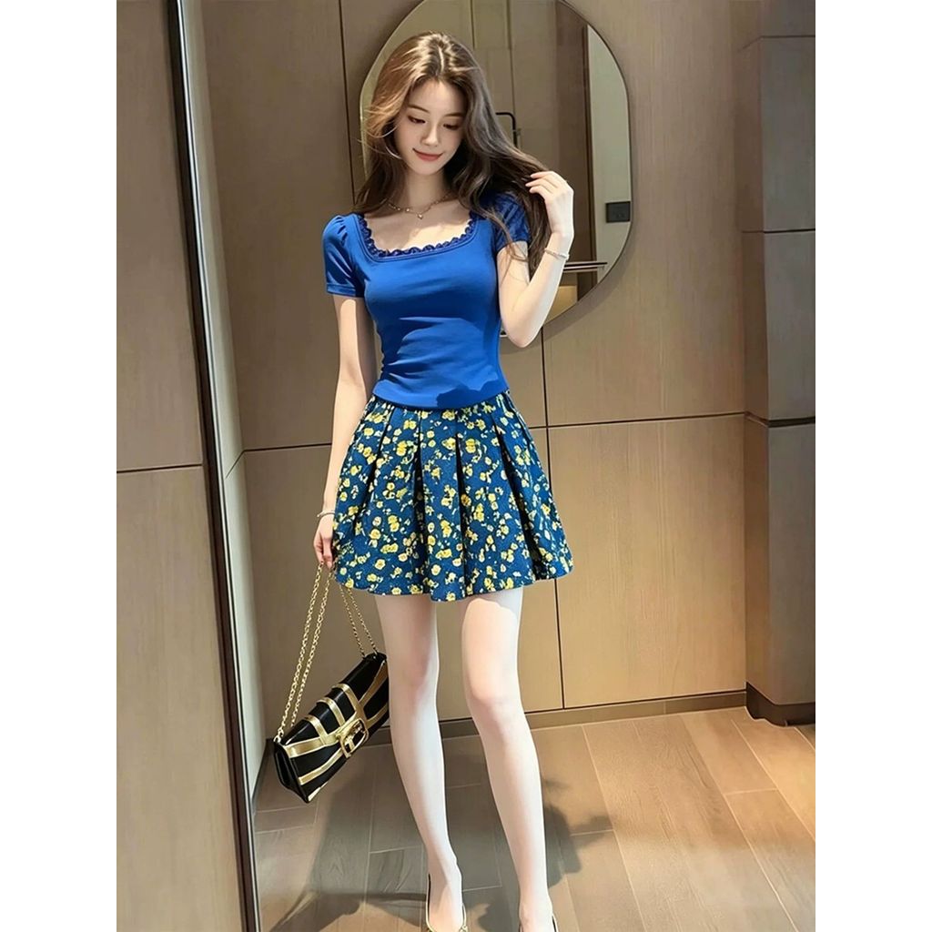 Klein Blue One Whole Set Pháp Retro Cổ Hẹp Top Nữ Cổ Vuông Áo Sơ Mi Nhỏ + Váy Hoa Phù Hợp Với Nữ