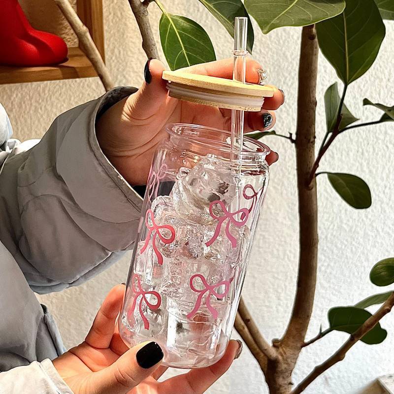 TRTR 500ml Nơ Nhựa Cốc Nước Mason Jar Hình Chai Nước Có Nắp Và Ống Hút Cho Cà Phê Đá Nước Uống Cốc Quà Tặng VN
