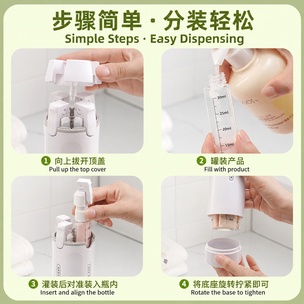 【 Hàng có sẵn 】 ▽ ▽ 一 ❈ 🍒 🍒 ❈ ❈ Chai du lịch Bộ 4in1 chống rò rỉ cho dầu gội Sữa tắm di động