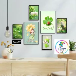 Bộ 6 tranh dán tường cỏ 4 lá may mắn và hoa, fomex nhẹ 5mm, kèm băng keo dán dễ dàng.