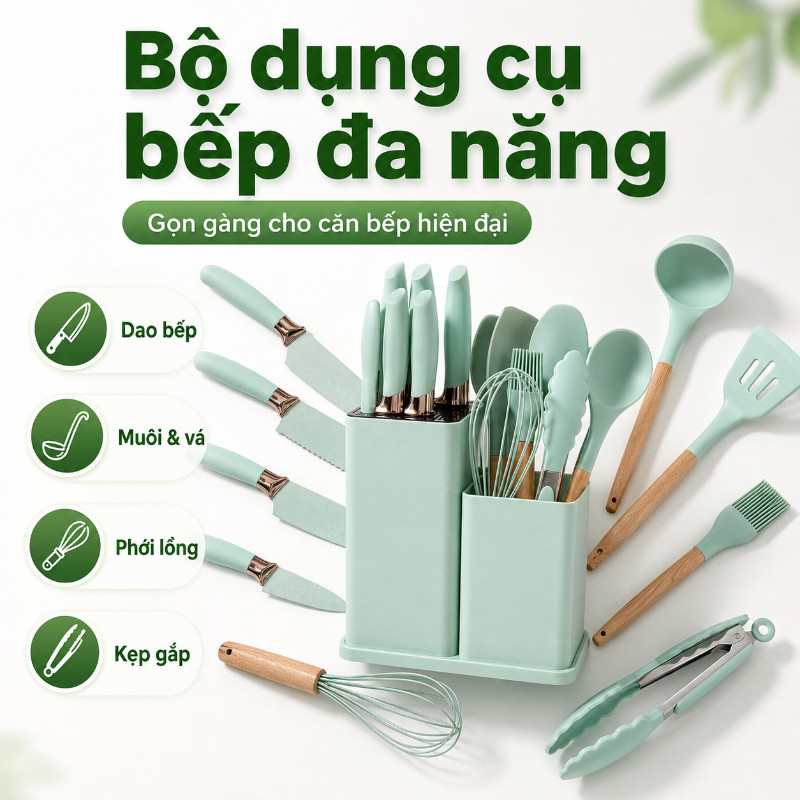 Bộ 19 Món Dao Kéo & Dụng Cụ Nhà Bếp Cao Cấp - Silicon & Thép Không Gỉ, Cán Gỗ, Tặng Kèm Thớt