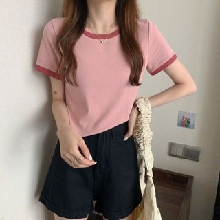 Áo thun ngắn tay cổ tròn dành cho nữ mùa hè Phong cách mới Slim Short dành cho học sinh