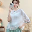 2025 Rời Thêu Vải Lanh Cotton Top Quần Áo Nữ Văn Học Nút Phong Cách Dân Tộc Màu Sắc Tương Phản Ba Phần Tư Tay Áo Thun 5.26