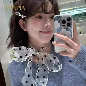 PNPIA- Khăn Chấm Bi Lưới Thời Trang Cho Nữ Mùa Hè Nhẹ Ngọt Ngào Đa Năng Ne Phụ Kiện Có Ruy Băng