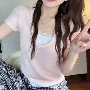 Mùa hè Giả Hai Mảnh Phong Cách Mới Ren Khâu Áo Thun Nữ Slim-Fit Ngắn Thường Ngày Nữ