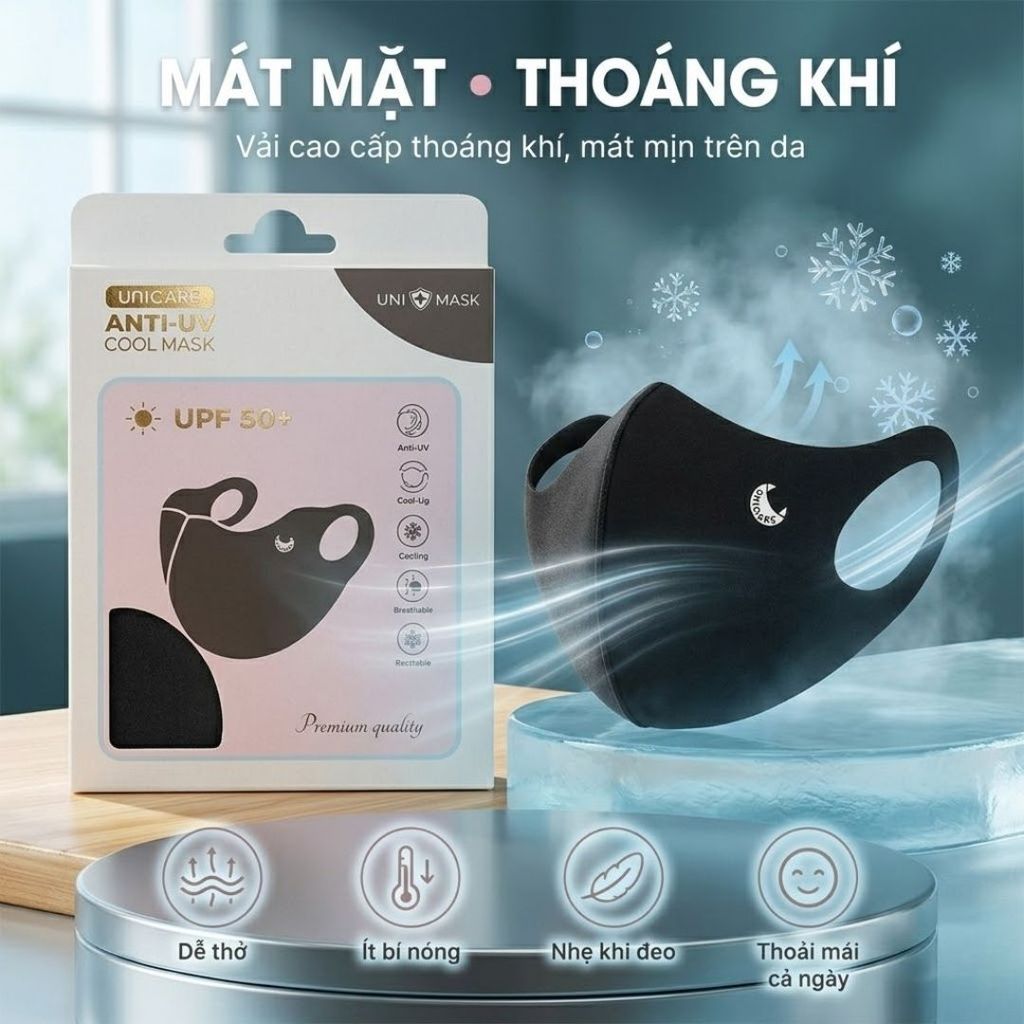 Khẩu Trang Chống Tia UV Unicare Cool Mask UPF50+ Vải Lạnh Mát, Chống Nắng Cao Cấp Chính Hãng