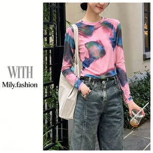 Milyfashion Loose Cao Cấp Tay Dài T Mùa Hè Phong Cách Mới Cổ Tròn Gạc Tie-Dye In Mực Smudge Kem Chống Nắng Đế