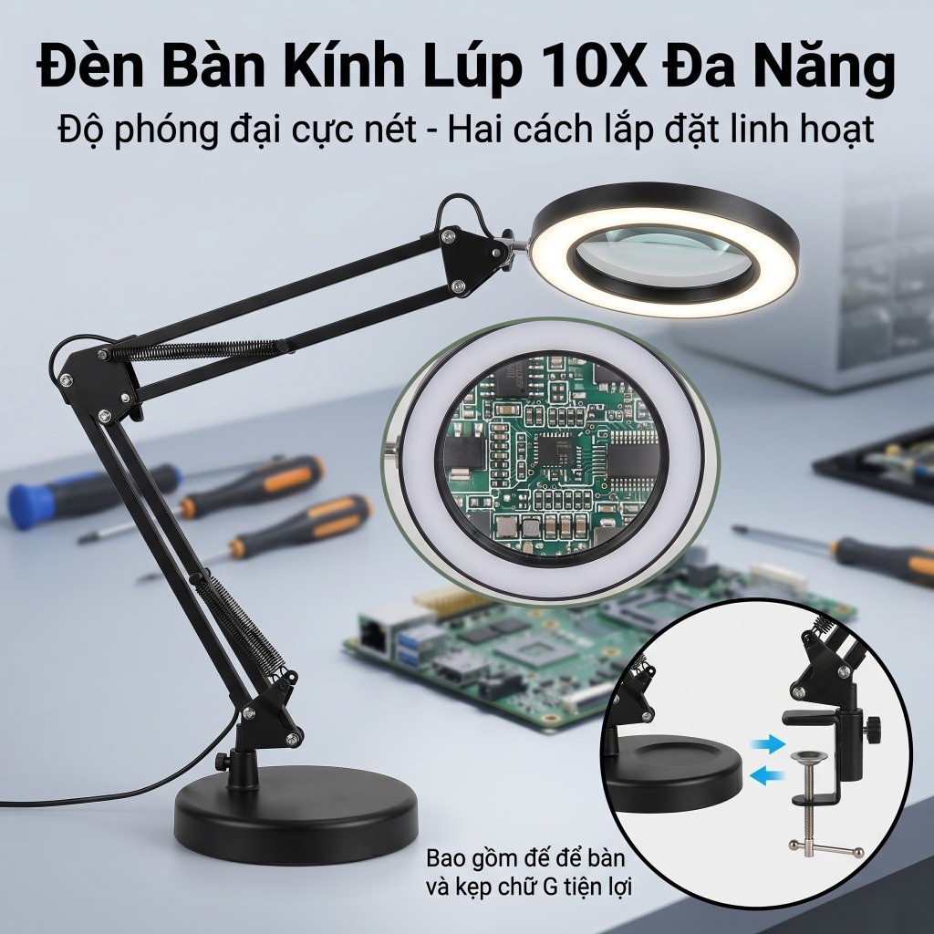 Kính lúp kẹp bàn tích hợp đèn kính lúp Led 12W, biến hóa linh hoạt thành kính lúp để bàn khi cần