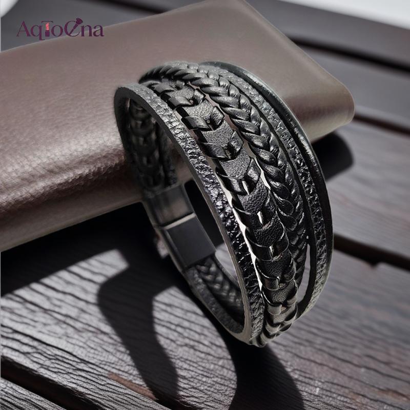 AqToCna Hợp Thời Trang Nam Phụ Kiện Hợp Kim Từ Bule Nhiều Lớp Retro Dây Da Bện Vòng Tay Vòng Tay Thời Trang Trang Trang Phục AqToCna