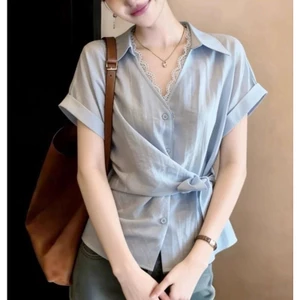 Áo sơ mi ngắn tay cổ chữ V viền ren dành cho nữ, áo sơ mi thời trang mới mùa hè dành cho nữ