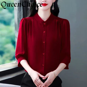 Áo Sơ Mi Nữ 3 / 4 Tay Nữ Thường Ngày Rượu Vang Màu Đỏ Áo Công Sở Nữ OL Áo Làm Việc