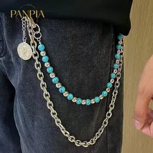 PNPIA- Hợp Thời Trang Màu Xanh Craed Hạt Đá Hip Hop Punk Phong Cách Móc Khóa Dành Cho Nam Y2K Quần Dây Xích Phụ Kiện