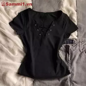 ZK American Gợi Cảm Cổ Chữ V Phối Ren Thời Trang Nữ Y2K Áo Thun Nữ Tay Ngắn Slim VN