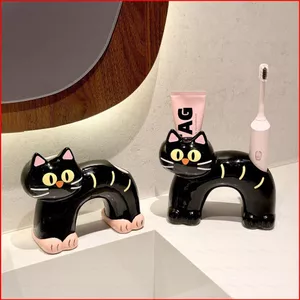 ST2 Dễ Thương Mèo Đen Hình Bàn Chải Đánh Răng Gốm Đa Năng Phụ Kiện Phòng Tắm Vanity Lưu Trữ TS2