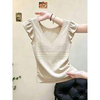 [Hàng mới về] Size lớn MM Retro Màu cà phê thanh lịch cổ chữ v Áo len bay rỗng, Áo len mùa hè phong cách mới sang trọng phù hợp