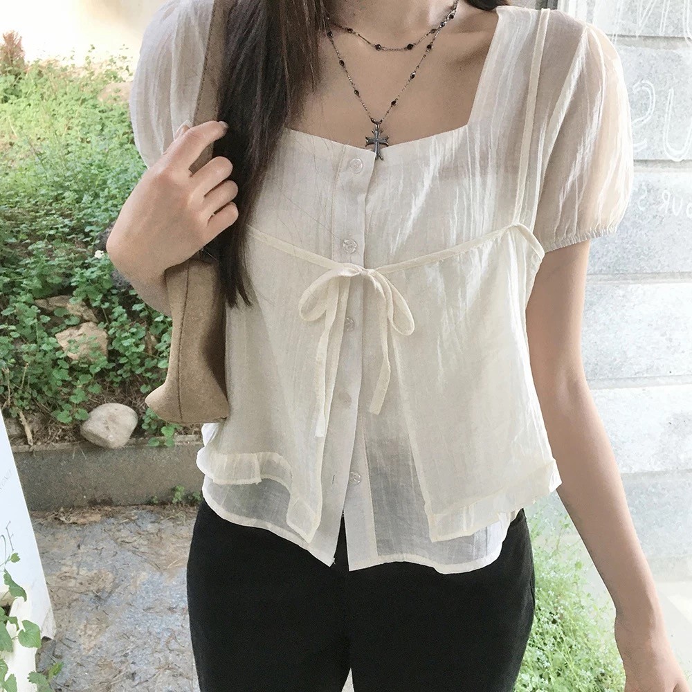 SUXI Áo sơ mi ngắn tay có dây buộc nhẹ nhàng dành cho nữ mùa hè mới 260609