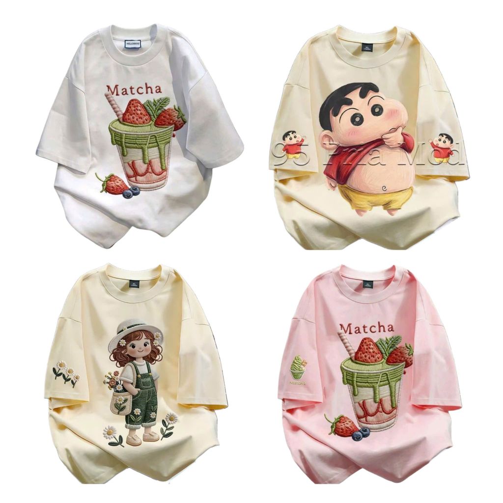 Áo phông form rộng oversize  tối giản phong cách  họa tiết Matcha và trái cây Quả dâu Tây