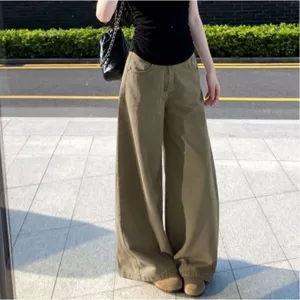 Quần jean ống rộng lưng cao Kaki giặt cổ điển dành cho nữ Drap dáng rộng dáng ôm hơn