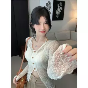 Áo len Cardigan cổ chữ V rỗng cổ chữ V phong cách Pure Desire Hot Girl dài tay dành cho nữ Dây bên trong cổ quấn ngực đầu thu xếp hai lớp @ -