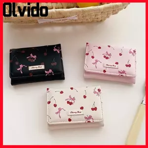 Ví ngắn OLVIDO, Ví đựng tiền xu in nơ nhiều khe, Ví đựng thẻ tín dụng gấp ba lần bằng da PU dành cho nữ