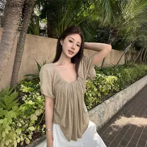 AA Design Sense Lười Xếp Ly Lớn Chữ U Tay Ngắn Rời Đa Năng Thường Ngày Mùa Hè Áo VN