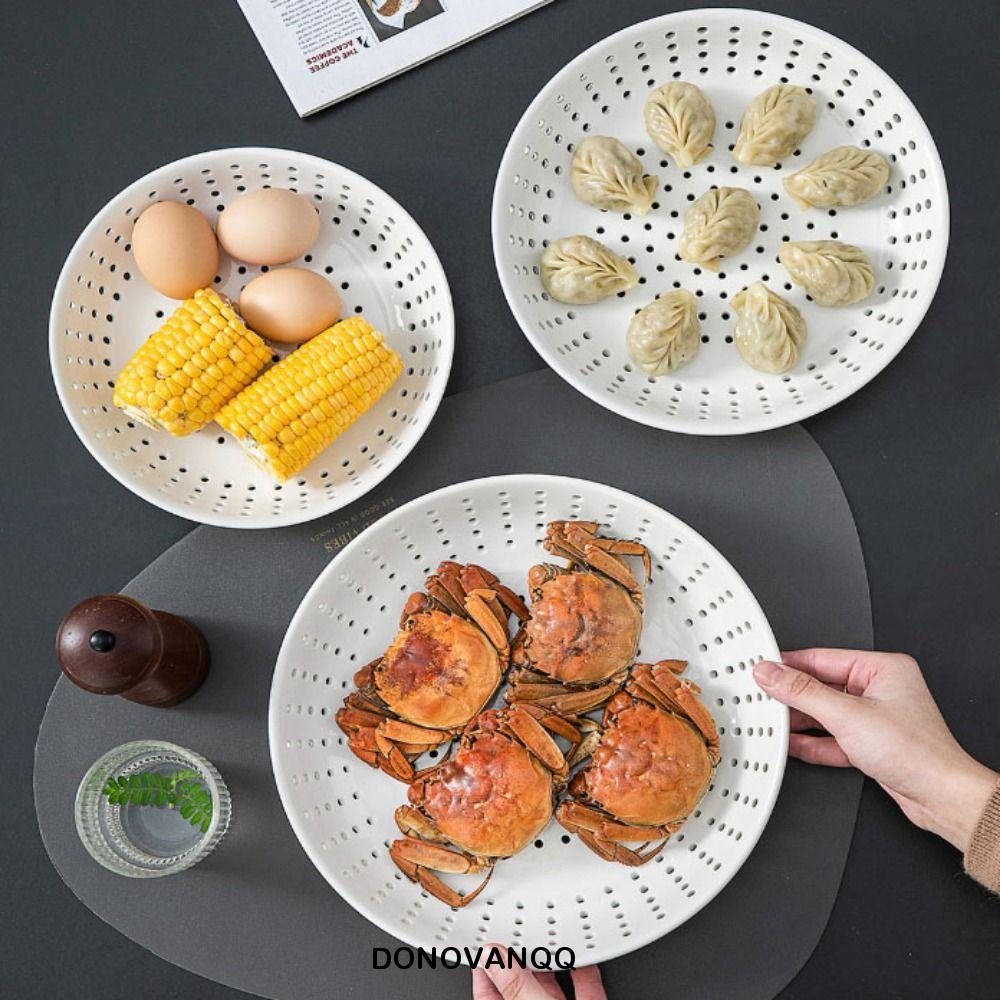 Tấm hấp đục lỗ bằng gốm DONOVANQQ, Khay hấp gốm hình tròn sáng tạo, Cấu trúc xốp chịu nhiệt độ cao màu trắng đa năng Đĩa thoát nước rỗng Sử dụng tại nhà