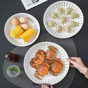 Tấm hấp đục lỗ bằng gốm DONOVANQQ, Khay hấp gốm hình tròn sáng tạo, Cấu trúc xốp chịu nhiệt độ cao màu trắng đa năng Đĩa thoát nước rỗng Sử dụng tại nhà